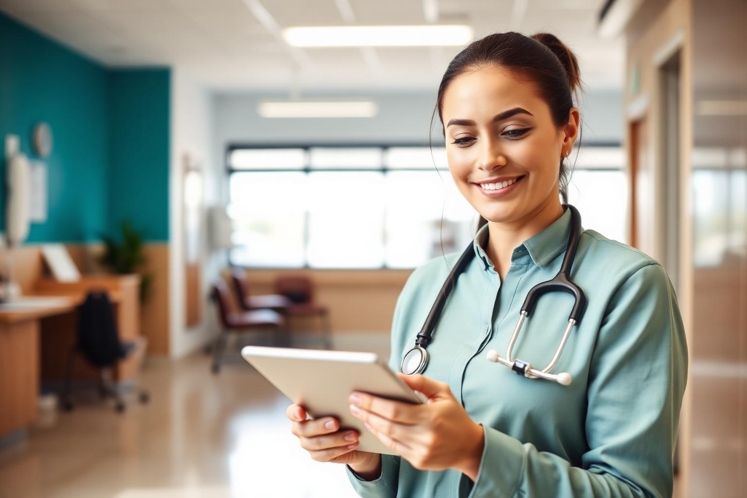 Profissional de saúde ocupacional usando o CET Guia Fácil em um tablet